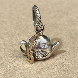🆕Listing! Brighton Tea Time charm Silver teapot Gold tea bag Retired & rare